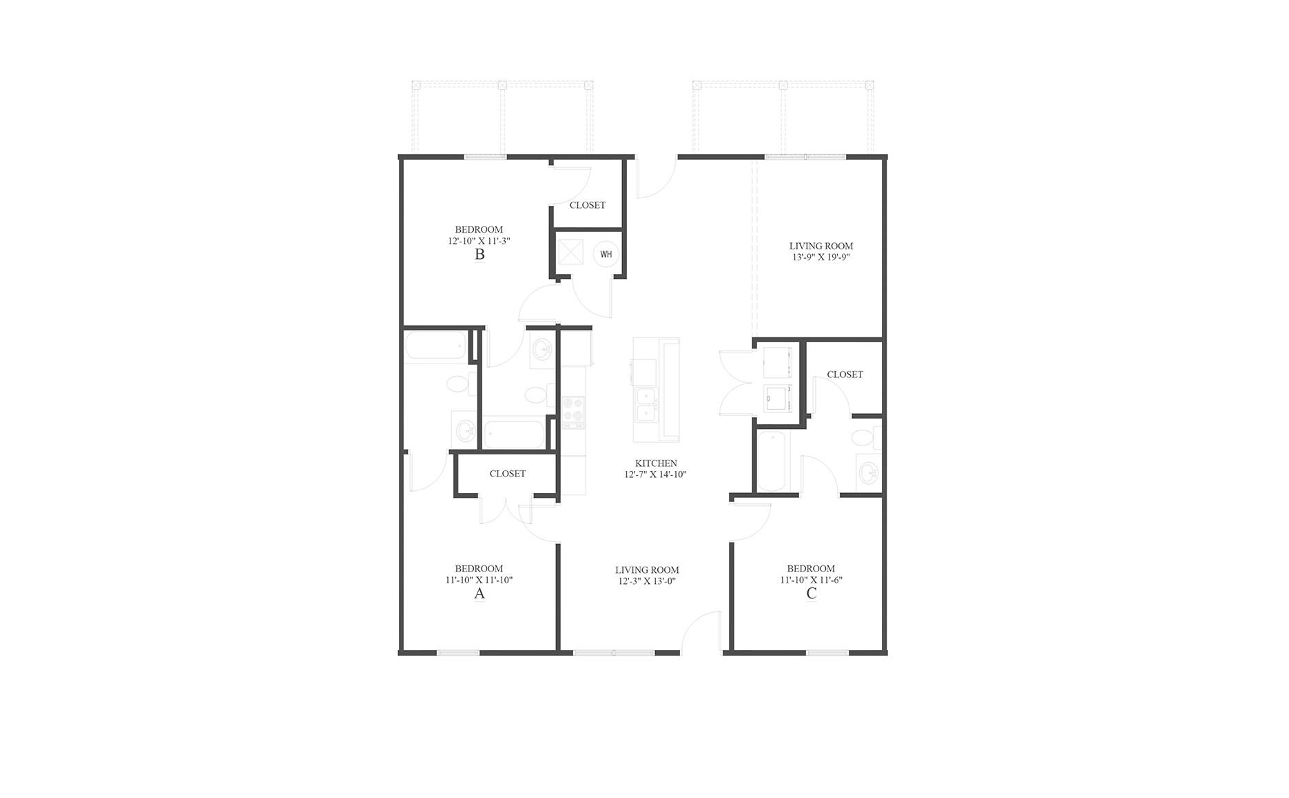 The 3 Flat Floor Plan is a 3 bedroom apartment home with a spacious 1440 square feet